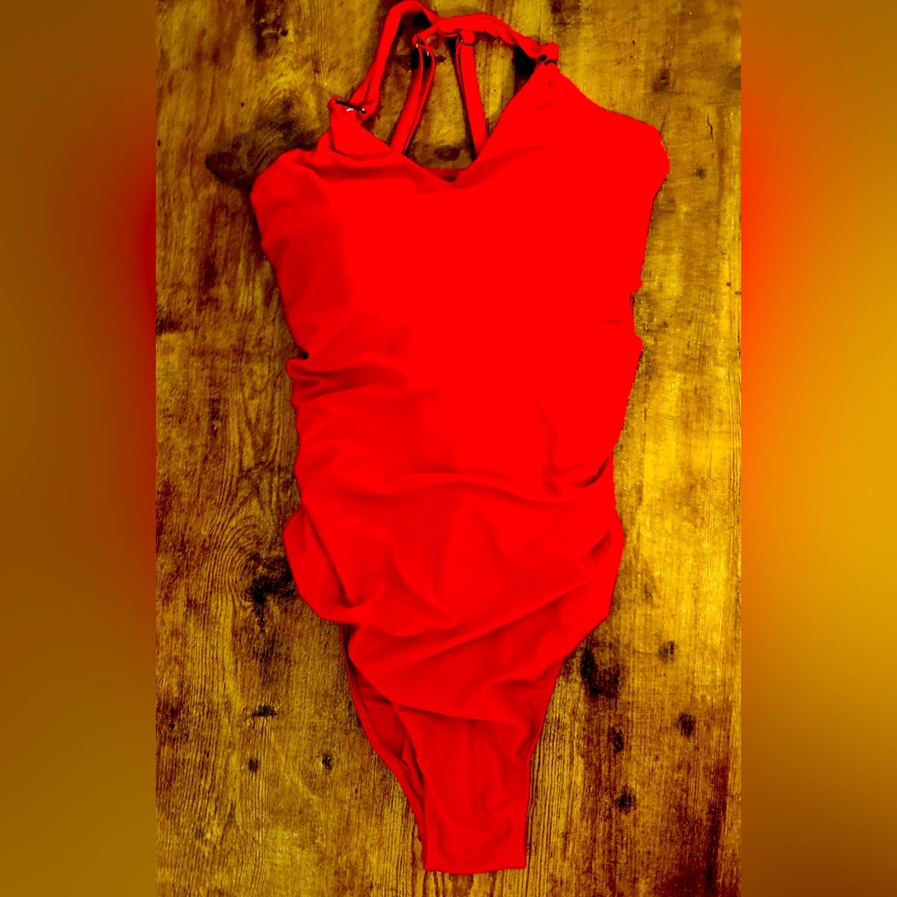 Red Baywatch style one piece swimsuit